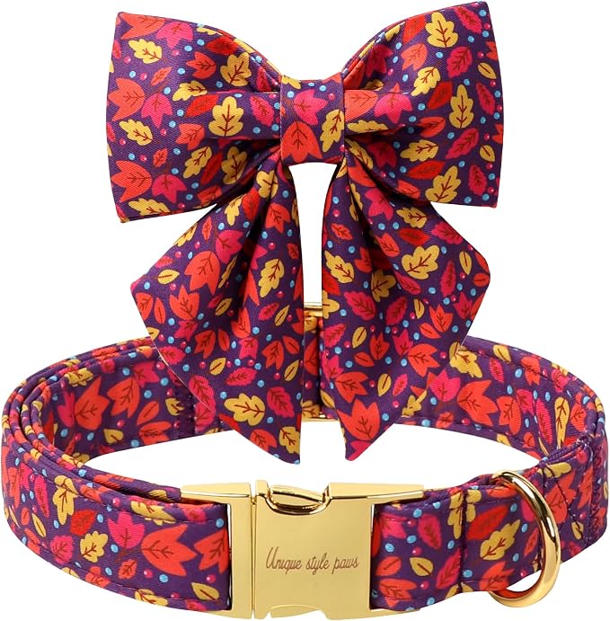Unique style paws Cartoon Dog Collar with Bowtie Autumn Puppy Collar with Colorful Maple Leaf for Small Medium Large Boys Girls Dogs