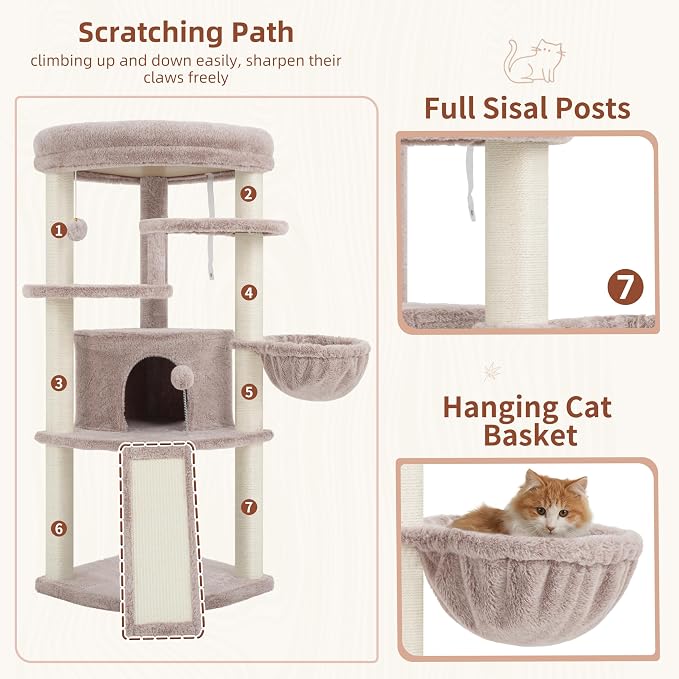 Gitelsnour Corner Cat Tree for Indoor Cats, Cat Tower with All Sisal Scratching Posts, Multi-Level Cat Condo wth Cat Cave, Large Top Perch, Hanging Basket, Sisal Scratching Ramp, Mushroom GCT025MU
