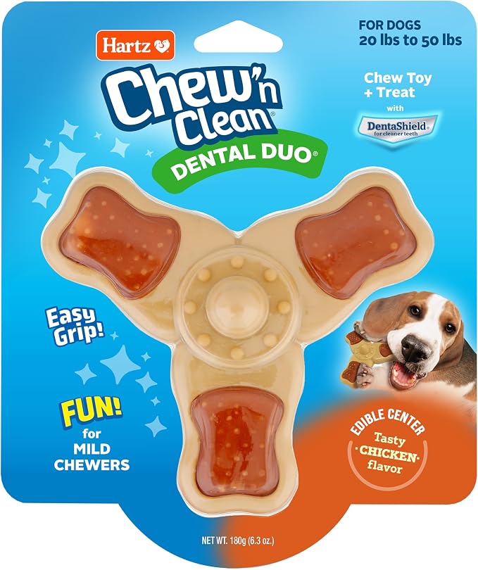 Hartz Chew ‘n Clean Chew Toy and Treat in One Chicken Flavored Tri-Point Dog Toy, Medium