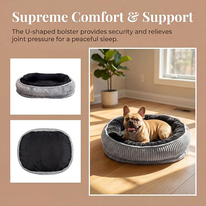Calming Dog Bed for Medium to Large Dogs 30"x21" - Orthopedic Washable Pet Bed with Anti-Slip Bottom, Indoor Soft Cat Bed with Removable Cover (Black)
