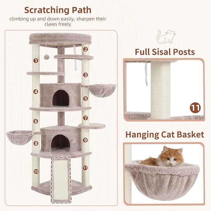 Gitelsnour Corner Cat Tree for Indoor Cats, Cat Tower with All Sisal Scratching Posts, Multi-Level Cat Condo wth 2 Large Cat Caves, Big Top Perch, 2 Hanging Baskets, Sisal Ramp, Mushroom GCT035MU