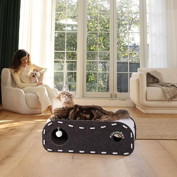 FUKUMARU Cat Beds for Indoor Pets 31.5 Inch, Extra Long Cozy Cat Bed Cave Tunnel for Multiple & Large Cats, Felt Kitten Hideaway House with Fluffy Ball, Scratch Resistant, Warm & Safe, Black