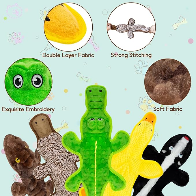 No Stuffing Dog Squeak Toys, 5 Pack Chew Toys with Crinkle to Keep Them Busy, Plush Puppy Teething Toys for Indoor & Outdoor Play, Best Birthday Gift for Large Breed