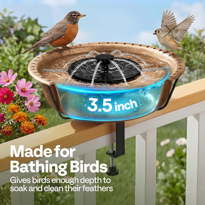 VIVOHOME Deck Mounted Bird Bath with Solar Fountain, Outdoor ABS Birdbath Bowl with Adjustable Metal Clamp, Solar Powered Pump for Railing, Fence, Balcony, 1.45 Gallons, Copper