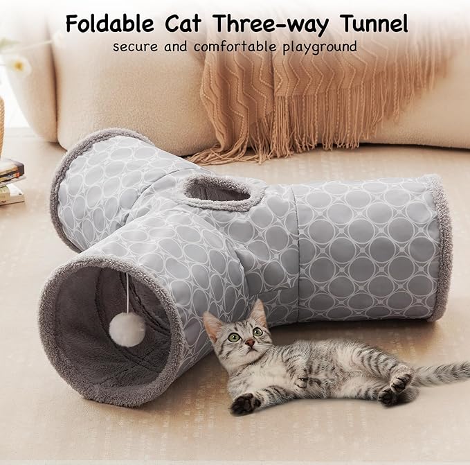 Tempcore Cat Tunnel for Indoor Cats Fleece-Lined in for Warmth, 3 Way Collapsible Pet Play Tunnel with Teaser Wand, Peek Holes & Hanging Ball, Interactive Tube for Kittens & Rabbits, Geometry Grey