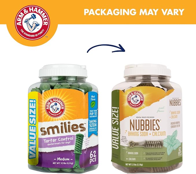 Arm & Hammer for Pets Nubbies Dental Treats Value Size Baking Soda Calcium Helps Scrub Plaque Tartar Mint Flavor Daily Oral Care 62 Count 52.8 OZ Value Bucket Dogs and Puppies Daily Bucket