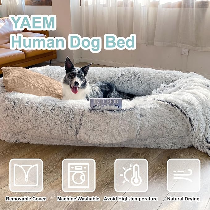 YAEM Human Dog Bed, 71"x45"x12" Calming Human Size Dog Bed for Adults, Washable Faux Fur Orthopedic Floor Beds, Waterproof Napping Pet Beds for People with Non-Slip Bottom, Grey