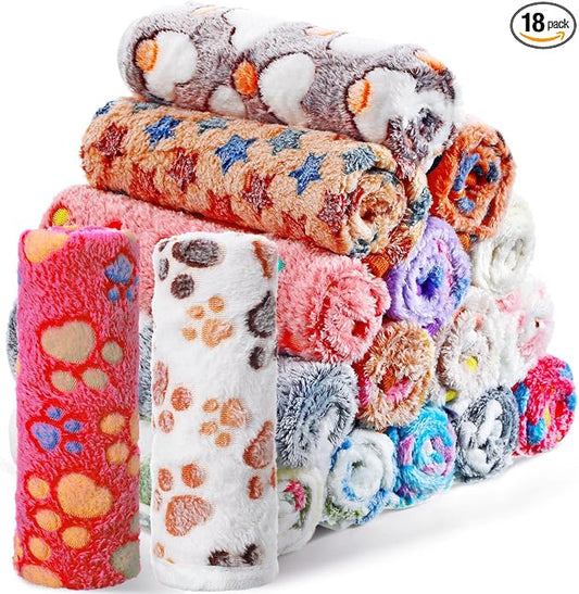 Chumia 18 Pcs Fleece Pet Blanket Soft Warm Sleep Mat Fluffy Cute Puppy Supplies Paw Bone Star Elephant Dot Heart Print Design Bed Blankets for Dog Cat Kitten Animals(30 x 20 Inch,Sweet)