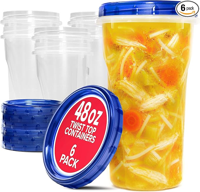 Stock Your Home 48oz Plastic Containers with Twist Top Lids (6 Pack), 1.5 Quart Freezer Containers with Lids for Leftover Food, Airtight Reusable Soup Containers, Microwave and Dishwasher Safe