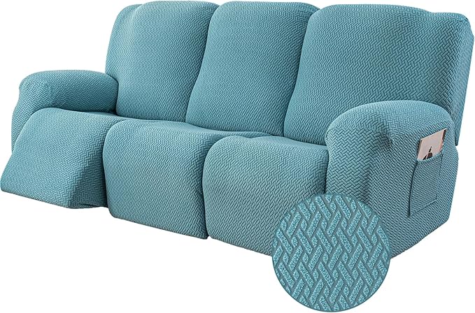Genina Recliner Sofa Covers - Stretch Reclining Couch Covers with Stripe Jacquard - 3 Seat Cushion Slipcovers with Soft Fabric - Furniture Protector for Pet Kid (Light Blue)