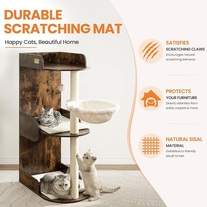 Modern Wood Cat Tree Tower for Indoor Large Cats, Cat Scratching Posts with Big Perch Bed, 44.8" Tall Multi-Level Wooden Cat Condo with Hammock, Removable Pads, Kitty Furniture, Rustic Brown