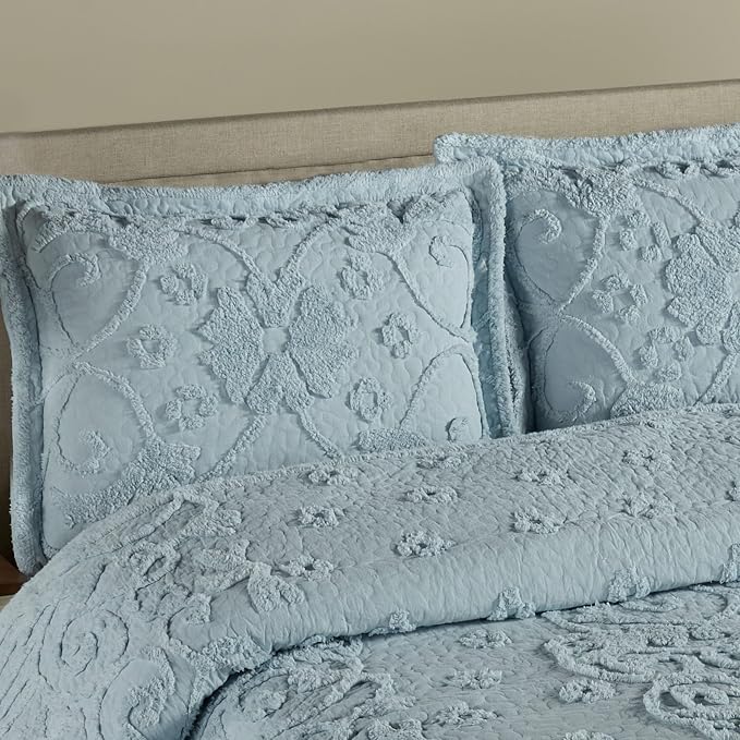 Lorenza Pure Cotton Chenille Bedding | Calming Cool Blue | Soft Tufted Scrollwork and Floral Designs | Solid Color 3-Piece Quilted Bed Set includes Oversized Queen Quilt and 2 Standard Pillow Shams