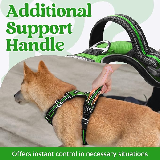rabbitgoo Dog Harness for Large Dogs, 3 Buckles Easy On & Off No Pull Pet Vest, Soft Padded Walking Pet Harness with Control Handle, Adjustable and Reflective, Green, L