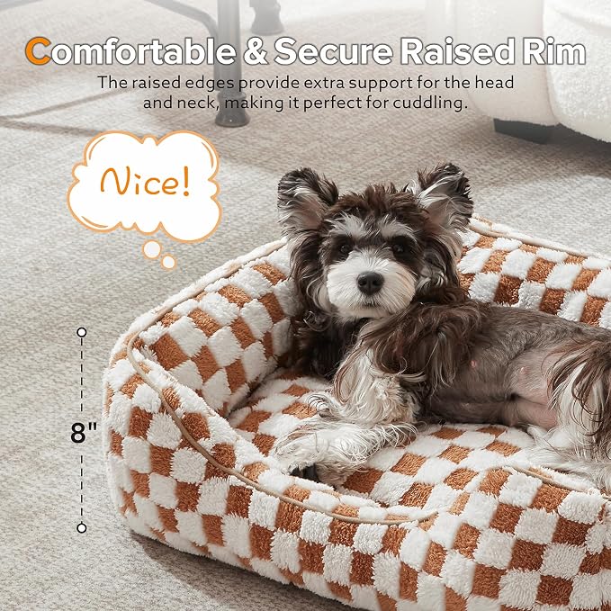 JOEJOY Dog Beds for Small Dogs -Cute Cat Beds for Indoor Cats Calming Pet Beds, Rectangle Orthopedic Cuddle Puppy Bed with Jacquard Shaggy Plush & Anti Slip Bottom, 20x19x6inches, Brown