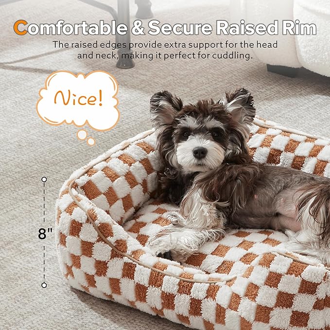JOEJOY Dog Bed for Large Medium Small Dogs - Rectangle Orthopedic Dog Sofa Bed, Cute Modern Puppy Bed with Jacquard Shaggy Plush & Anti Slip Bottom, 35x25x10inches, Brown