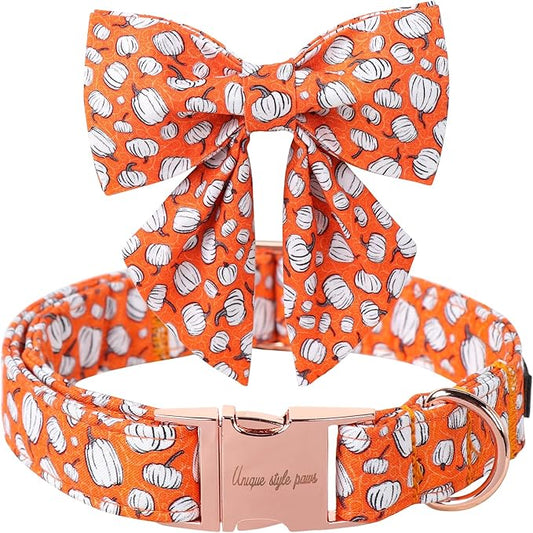 Unique Style Paws Halloween Day Dog Collar with Bowtie Line Pumpkin Cotton Dog Collars for Small Medium Large Dogs