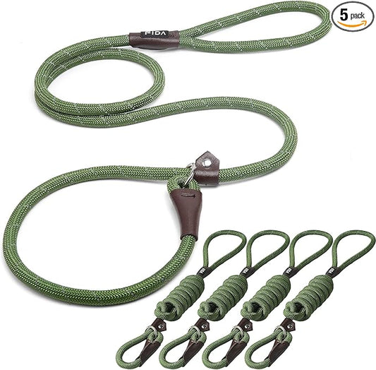 Fida Durable Slip Lead Dog Leash Bulk Pack of 5, Heavy Duty 1/2" x 6 FT Comfortable Strong Rope Slip Lead for Large, Medium & Small Dogs No Pulling Pet Training Leash with Highly Reflective (Green)