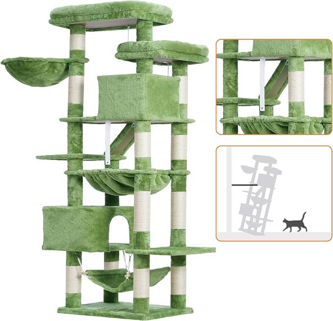 Heybly Cat Tree, 71-Inch Tall Tower for Indoor Cats with 2 Perches, 2 Big Condos, 2 Hammocks, Basket, Scratching Pad, Large Cat Furniture and Condo, Green HCT034GR
