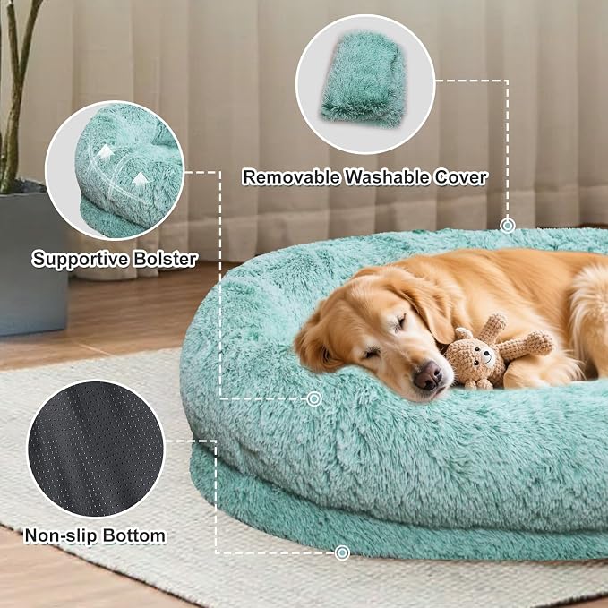 YAEM Human Dog Bed for Adult and Pets - 71"x45"x12" Dogs Beds for Humans with Washable Faux Fur Cover, Plump Pillow, Blanket, Orthopedic Design, Strap-GreenWhite