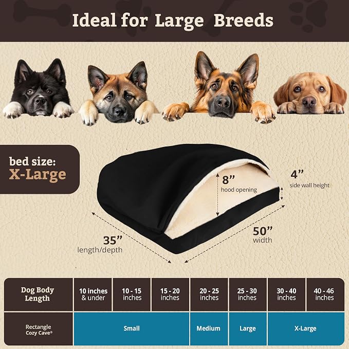Snoozer Rectangle Cozy Cave Dog Bed - Indoor Dog Bed with Cover Cave, Covered Calming Burrow for Large Sized Pets with Blanket Attached, Enclosed, Washable Cover - XL, Black