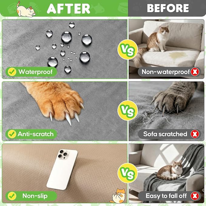 LOllON Velvet Couch Cover for Cats Dogs Kids - 100% Waterproof Cat Scratch Resistant Sofa Cover, Non-Slip Washable Furniture Protector,Ultra Soft Pet-Friendly Slipcover for 3-Seat Sofa 134"X71" Grey