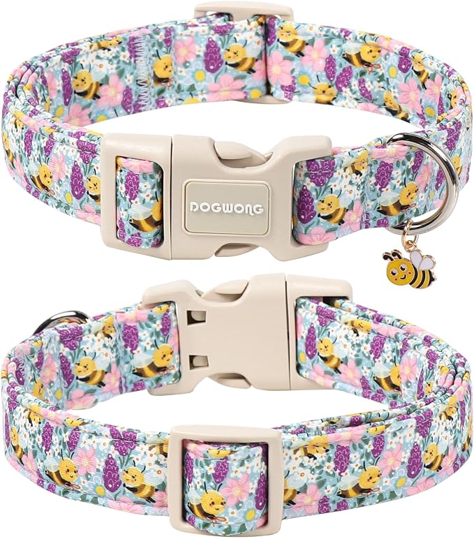 DOGWONG Spring Summer Dog Collar, Bee Floral Dog Collar with Plastic Buckle,Girl Female Dogs Collars for Large Dogs, Neck 42-66 inches