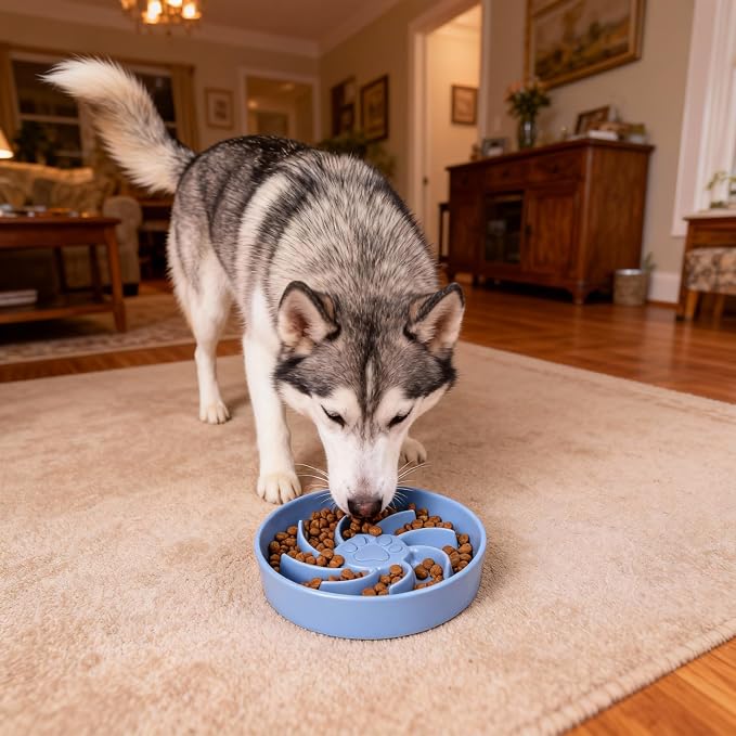 Ceramic Slow Feeder Dog Bowl, 3 Cup Dog Food or 25oz Water, Slow Eating Bowl for Middle Breed, Maze Puzzle Feeder for Fast Eaters, Anti-Choking Stop Bloat, Non-Slip BPA Free (Blue)