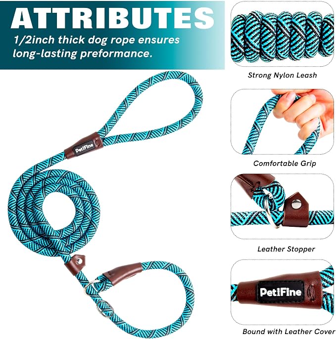 PetiFine Slip Lead Dog Leash,6FT x 1/2" Reflective Durable Dog Training Lead, Heavy Duty Adjustable Nylon Dog Rope Slip Leash for Small Medium Large Dogs (Blue)