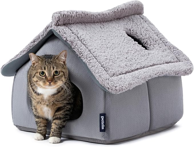 Pelzin Cat Houses for Indoor Cats - Large Cat Cave Bed with Removable Support Foam and Washable 2-Side Mat - Covered Cat Bed for Cat Hideaway - Enclosed Cat Hideout for Kitten and Small Pet, Grey