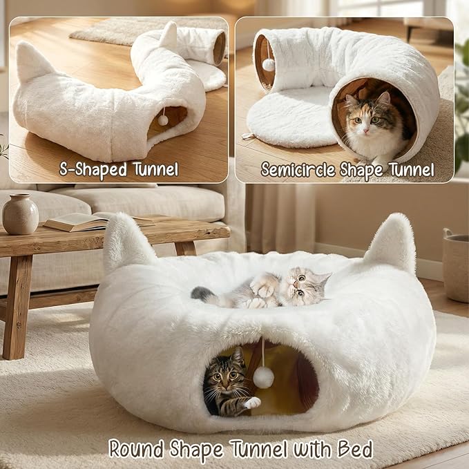 OurWarm Cat Tunnel Bed for Indoor Cats, Soft Plush Round Peekaboo Cat Bed Cave with Washable Cushion, Under Cristmas Tree Cat Donut Tunnel Toys for Kitten Rabbit Puppy (White)