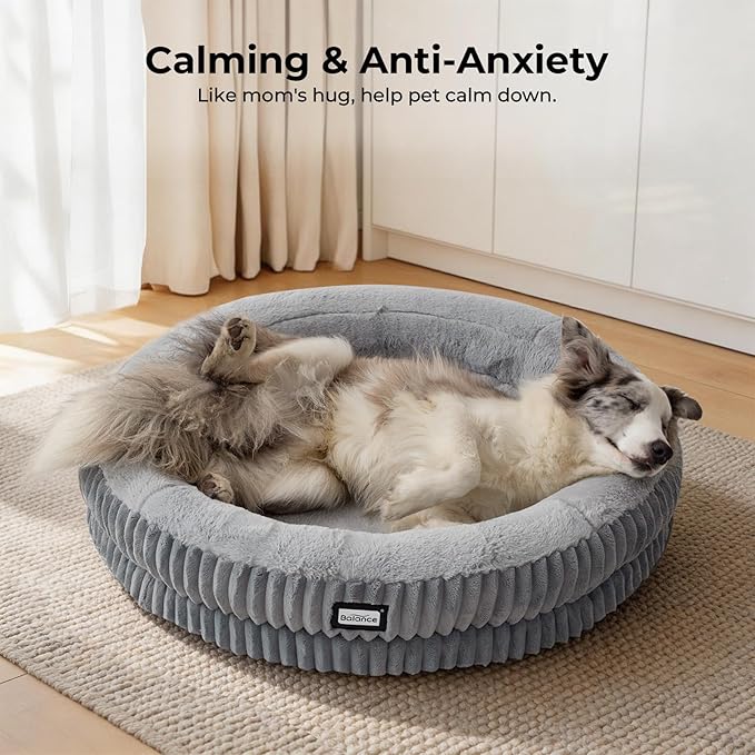BALANCE Donut Dog Bed, 36 Inches Round Dog Bed Large Size Dogs Washable, Orthopedic Calming Dogs Beds for Pets, Fluffy Plush Faux Fur Pet Bed with Anti-Slip Bottom