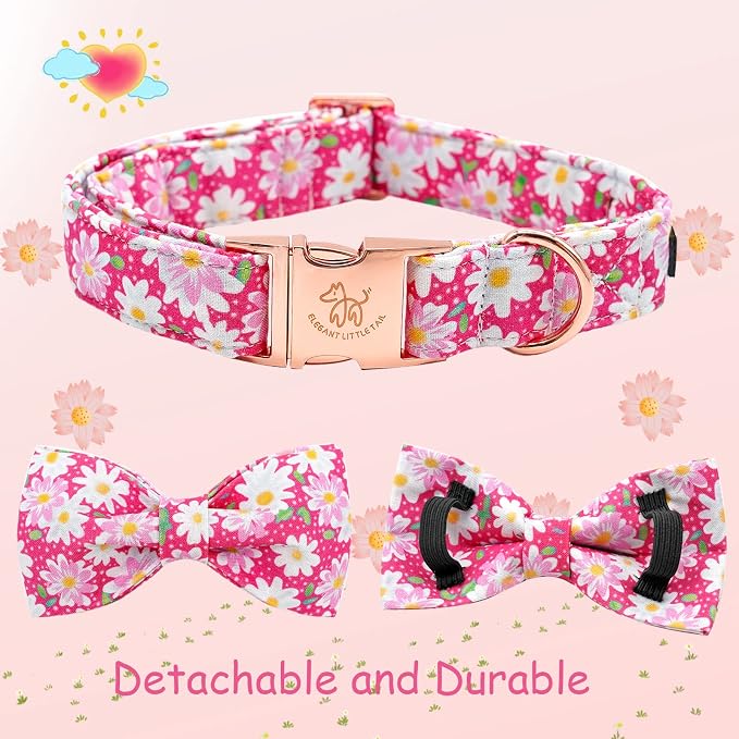 Elegant little tail Dog Collar, Floral Pattern Pet Collars with Bow Girl Cotton Bowtie Collars Spring Puppy Gift Adjustable Pet Collar for X-Small Dogs