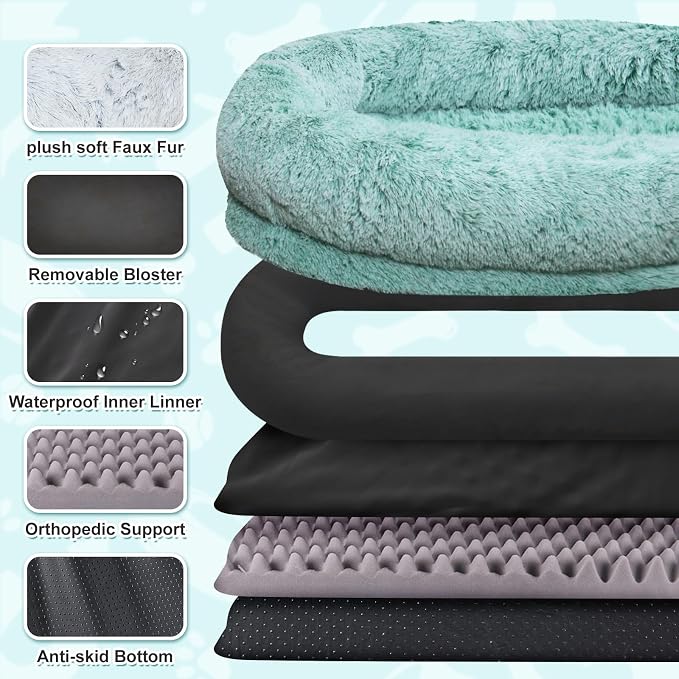 YAEM Human Dog Bed for Adult and Pets - 71"x45"x12" Dogs Beds for Humans with Washable Faux Fur Cover, Plump Pillow, Blanket, Orthopedic Design, Strap-GreenWhite