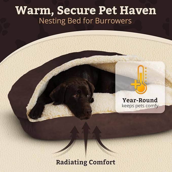 Snoozer Rectangle Cozy Cave Dog Bed - Indoor Dog Bed with Cover Cave, Covered Calming Burrow for Small & Medium Sized Pets with Blanket Attached, Enclosed, Washable Cover - Medium, Hot Fudge