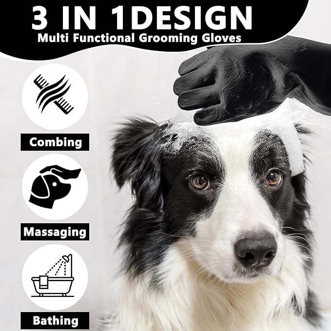 Pet Grooming Gloves—Dog Washing Gloves with High-Density Teeth, Dog Bath Scrubber with Enhanced Five Finger Design, Silicone Gloves for Dogs and Cats Bathing, Massage (Dark)
