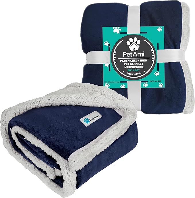 PetAmi Waterproof Dog Blanket for Couch, Pee Proof Sherpa Fleece Reversible Pet Throw, Furniture Protector for Bed Sofa Kennel, Soft Washable Cover for Small Medium Dog Puppy Cat, 29x40 Navy Blue