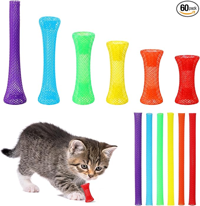 Leitee 60 Pcs Cat Spring Toys Kitten Tubes Indoor Interactive Chinese Finger Trap Cat Toys Plastic Coil for Pet Hunt Scratch(Rainbow Colors)