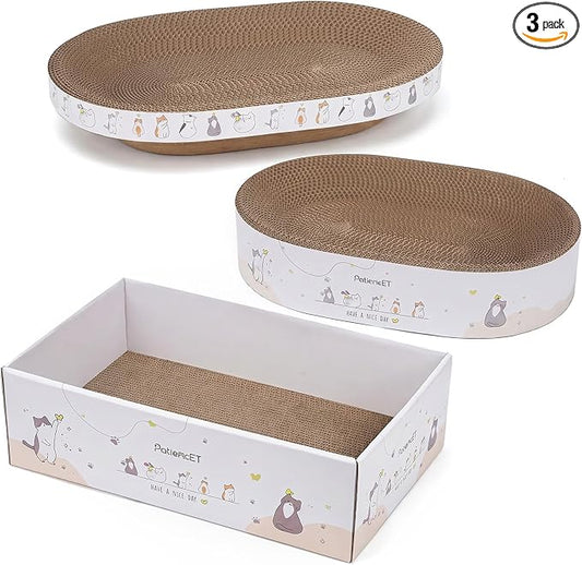 PatiencET 3-in-1 Cat Scratcher Cardboard Set for Indoor Cats, Cat Lounge Box with Wide & Slim Oval Cat Beds, Corrugated Cat Scratching Board for Furniture Protection, Rest & Play