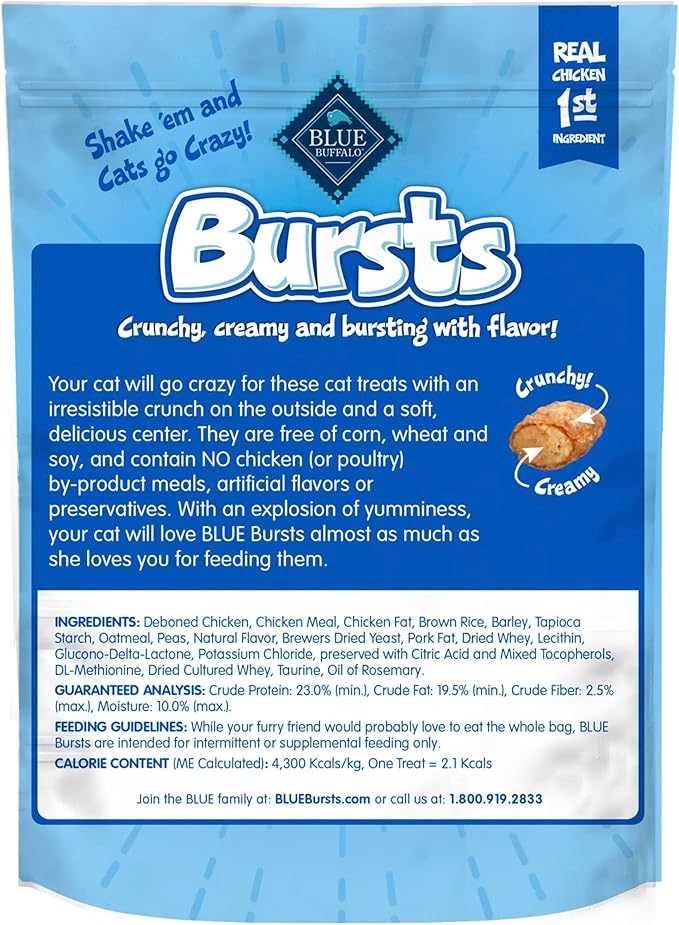 Blue Buffalo Bursts Paw-Lickin' Chicken Crunchy & Creamy Cat Treats, Great for Training, Made with Real Chicken, Natural Cat Treats Enhanced with Vitamins, Minerals & Other Nutrients, 5 oz.