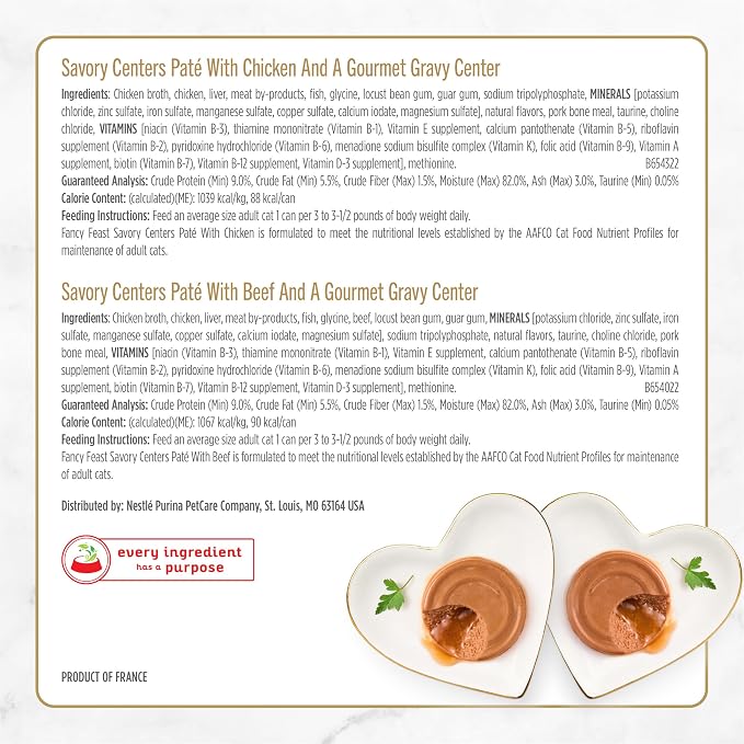 Purina Fancy Feast Savory Centers Wet Cat Food Pate Variety Pack With Chicken, Salmon, Beef, and Tuna Pate with Gravy Center - (2 Packs of 12) 3 oz. Pull-Top Cans