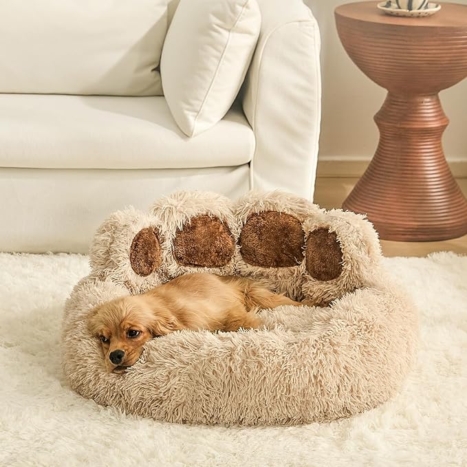 Jiupety Paw Shape Calming Pet Bed, Plush Faux Fur Donut Bed for Dogs & Cats, Machine Washable, Non-Slip Bottom, Large Size (26"×26"×8"), Camel
