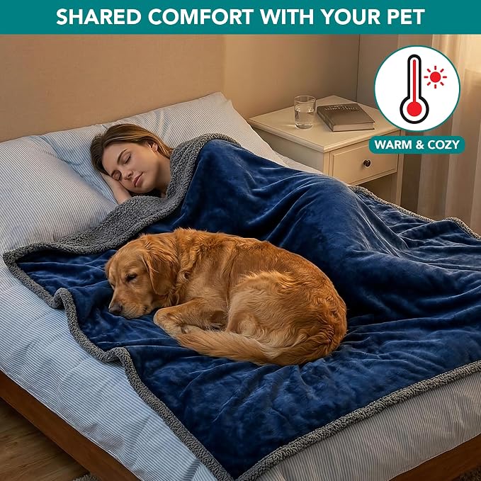 PetAmi Waterproof Dog Blanket for Couch, Extra Large 80x60, Pee Proof Sherpa Fleece Reversible Pet Throw, Furniture Protector for Bed Sofa Crate Kennel, Soft Washable Cover for Dog Cat, Blue Grey