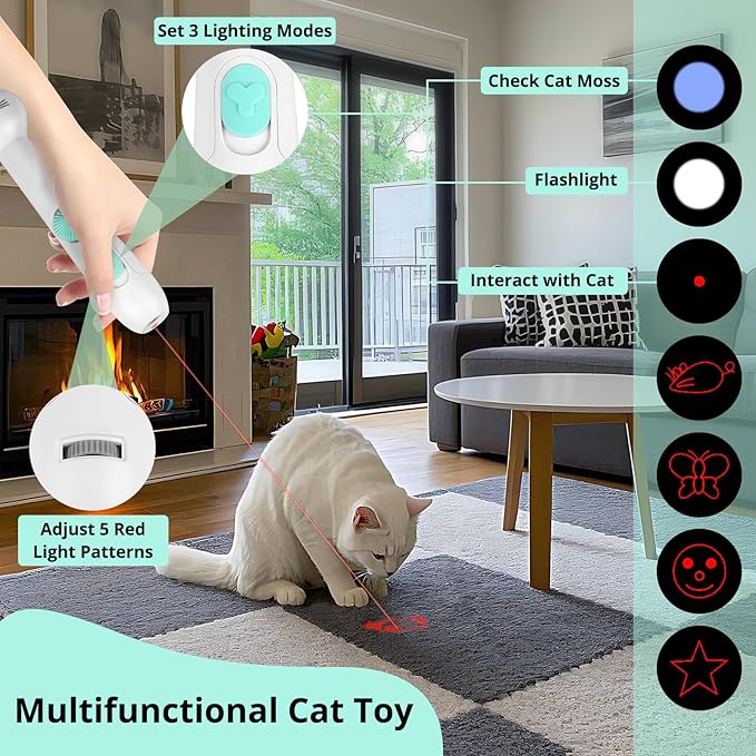 TBTeek Cat Toy, 2in1 Light and 22" Retractable Pole with Feather, Rechargeable, 5 Modes, Interactive Wand Toy for Indoor Cat Kitten Dog 3 Refills