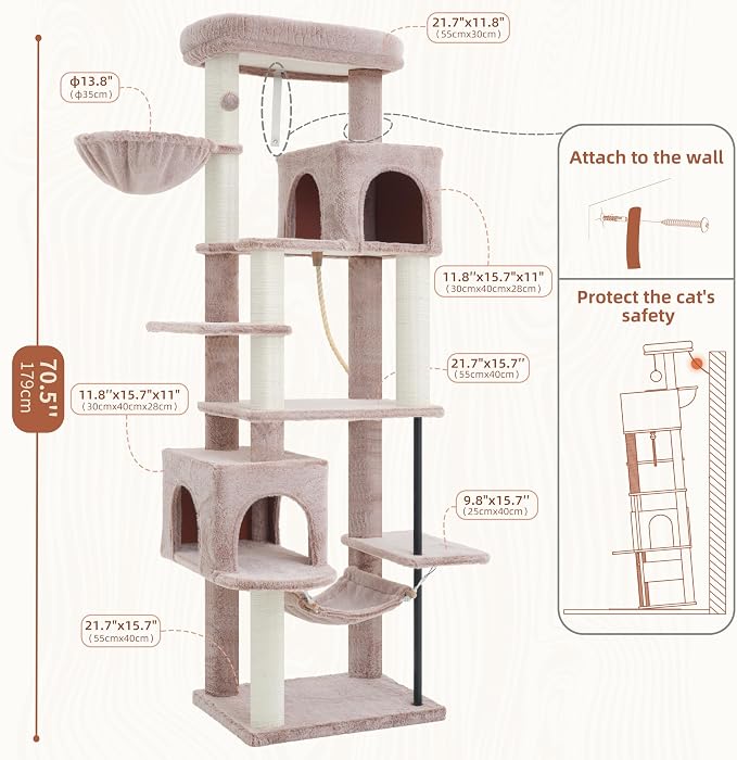 Gitelsnour Cat Tree for Indoor Cats Large Adult, 70.5'' Cat Tower with Scratching Post, Sturdy Steel Pube Cat Tree Tower with Large Playing Platfrom, Hammock and Basket, Top Perch, Mushroom GCT024MU