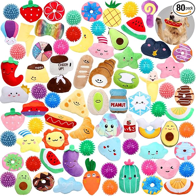 Hungdao 80 Pcs Dog Squeaky Toys Bulk for Small Dog Cute Plush Stuffed Puppy Chew Teething Ball Toys Pet Bundle Easter Gift for Chewing Cleaning & Interactive Play(Fashion Style)