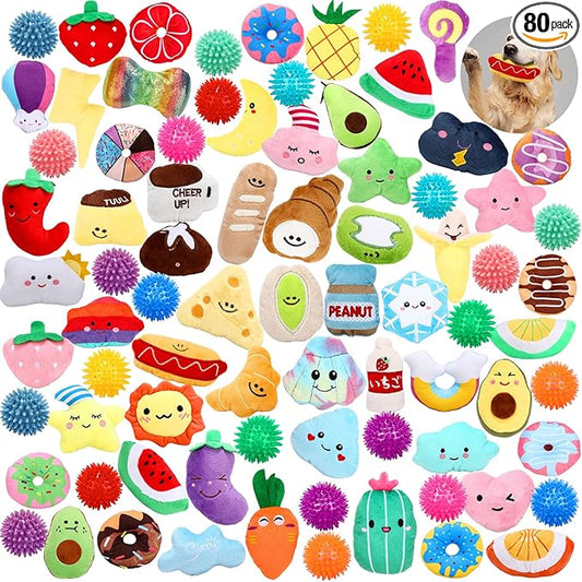 Hungdao 80 Pcs Dog Squeaky Toys Bulk for Small Dog Cute Plush Stuffed Puppy Chew Teething Ball Toys Pet Bundle Easter Gift for Chewing Cleaning & Interactive Play(Fashion Style)