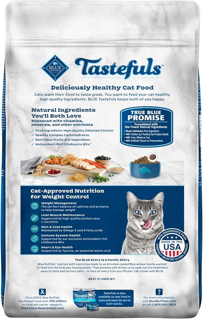 Blue Buffalo Tastefuls Chicken & Brown Rice Recipe Adult Dry Cat Food Weight Control, Real Chicken First, Deliciously Healthy Natural Cat Food, Supports Digestive Care and Coat Health, 15 lbs.