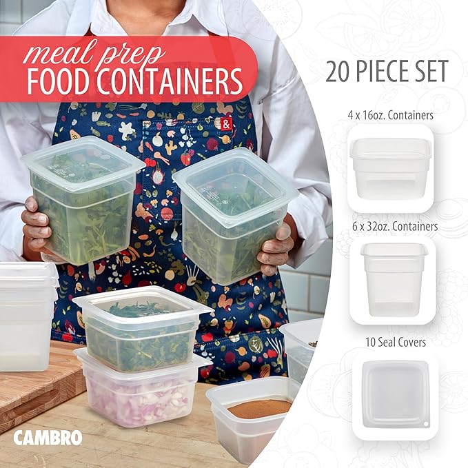 Cambro Food Storage Containers with Lids - Translucent (Microwave Safe and BPA-Free) - 16 and 32 oz (ounce) Food Storage Container - (20 Piece Set)