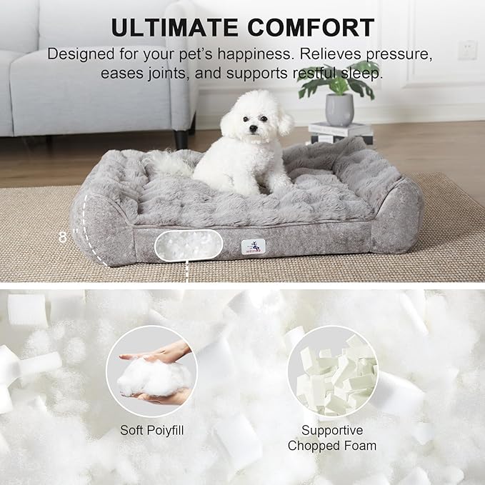 Orthopedic Dog Bed Medium Size Dog, Extra Thick Supportive Dog Couch Bed, Dog Beds with Removable Washable Cover, Ultra Soft Faux Rabbit Fur Puppy Bed & Non-Slip Bottom (Gray, 35"x25")