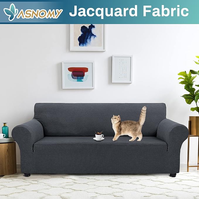 Asnomy Couch Covers for 3 Cushion Couch Stretch Sofa Covers Slipcovers, Pet Protector Furniture Covers for Dogs Cats Spandex Jacquard Fabric Small Checks （Large，Charcoal Ash）